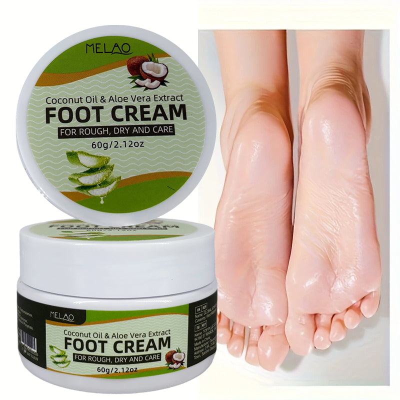 Foot Cream for Rough Dry Feet, MELAO Coconut Oil & Aloe Vera Foot Cream, Intensely Moisturizes & Softens Cracked Heels, with Natural Coconut Oil & Aloe Vera Extract, Nourishing Foot Care for Dry Skin, 60g/2.12oz