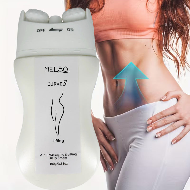 2 in 1 Belly Massager & Lifting Cream, MELAO CURVES Lifting Belly Cream 100g with Massage Device, for Tummy Tightening, Skin Firming, Postpartum Care, with Massage Heads, ON/OFF Mode, Portable Design