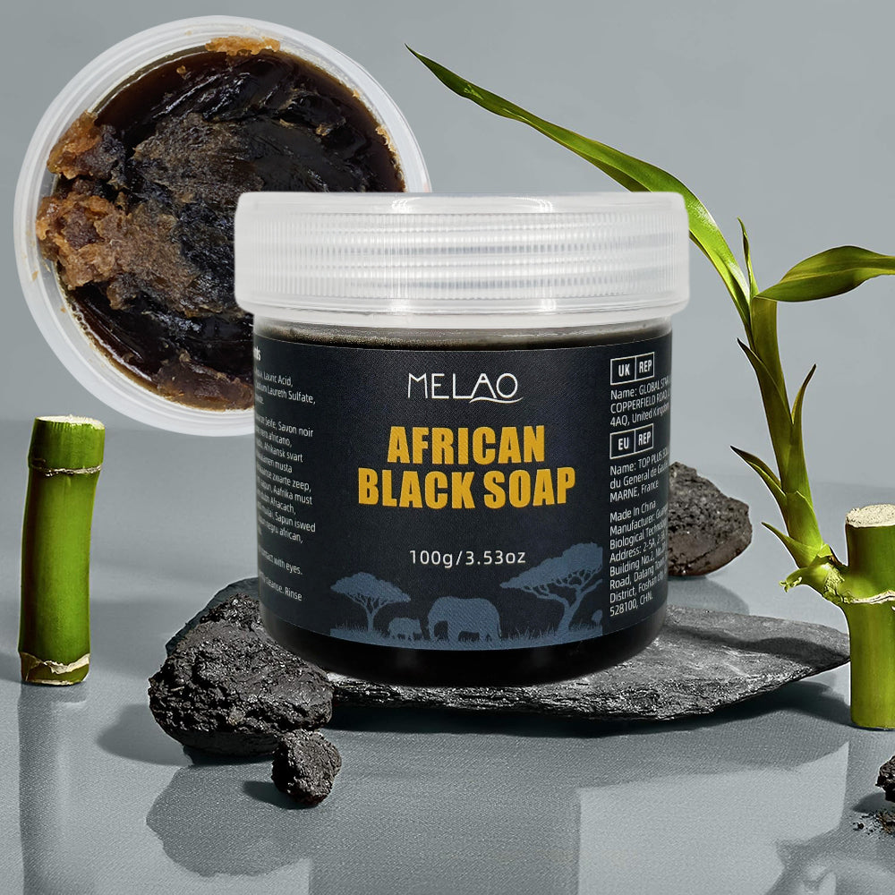 African Black Soap, MELAO Traditional African Black Soap, Deep Cleansing Bar for Face & Body, for Oily & Acne-Prone Skin, 100% Natural Ingredients, 100g/3.53oz