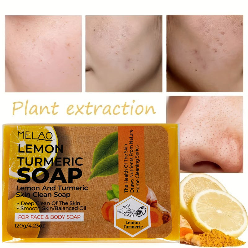 2 Pack Lemon Turmeric Soap, MELAO Natural Face & Body Soap with Lemon and Turmeric, for Deep Clean & Balanced Oil, Gentle Cleansing Bar, Smooth Skin, Home Cleaning Series, 120g/4.23oz