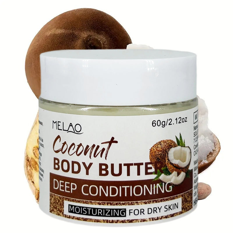 Coconut Body Butter, MELAO Deep Conditioning Body Butter with Coconut Oil, Intensely Moisturizing for Dry Skin, Nourishing & Smoothing Skin Cream, 60g/2.12oz