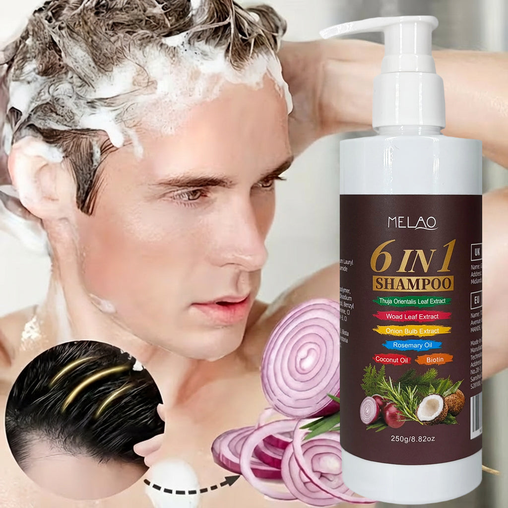 6 IN 1 Shampoo, MELAO Nourishing Shampoo with Biotin, Thuja Orientalis, Woad Leaf, Onion & Rosemary Oil, Deeply Cleanses & Nourishes Hair, Adds Shine, Softness & Manageability, for All Hair Types, Visible Results, 250g/8.82oz