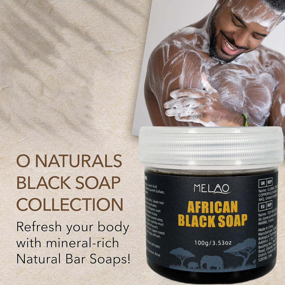 African Black Soap, MELAO Traditional African Black Soap, Deep Cleansing Bar for Face & Body, for Oily & Acne-Prone Skin, 100% Natural Ingredients, 100g/3.53oz