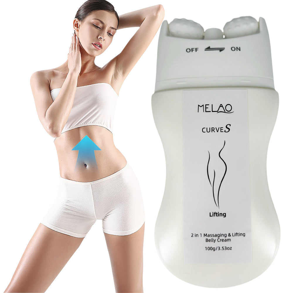 2 in 1 Belly Massager & Lifting Cream, MELAO CURVES Lifting Belly Cream 100g with Massage Device, for Tummy Tightening, Skin Firming, Postpartum Care, with Massage Heads, ON/OFF Mode, Portable Design