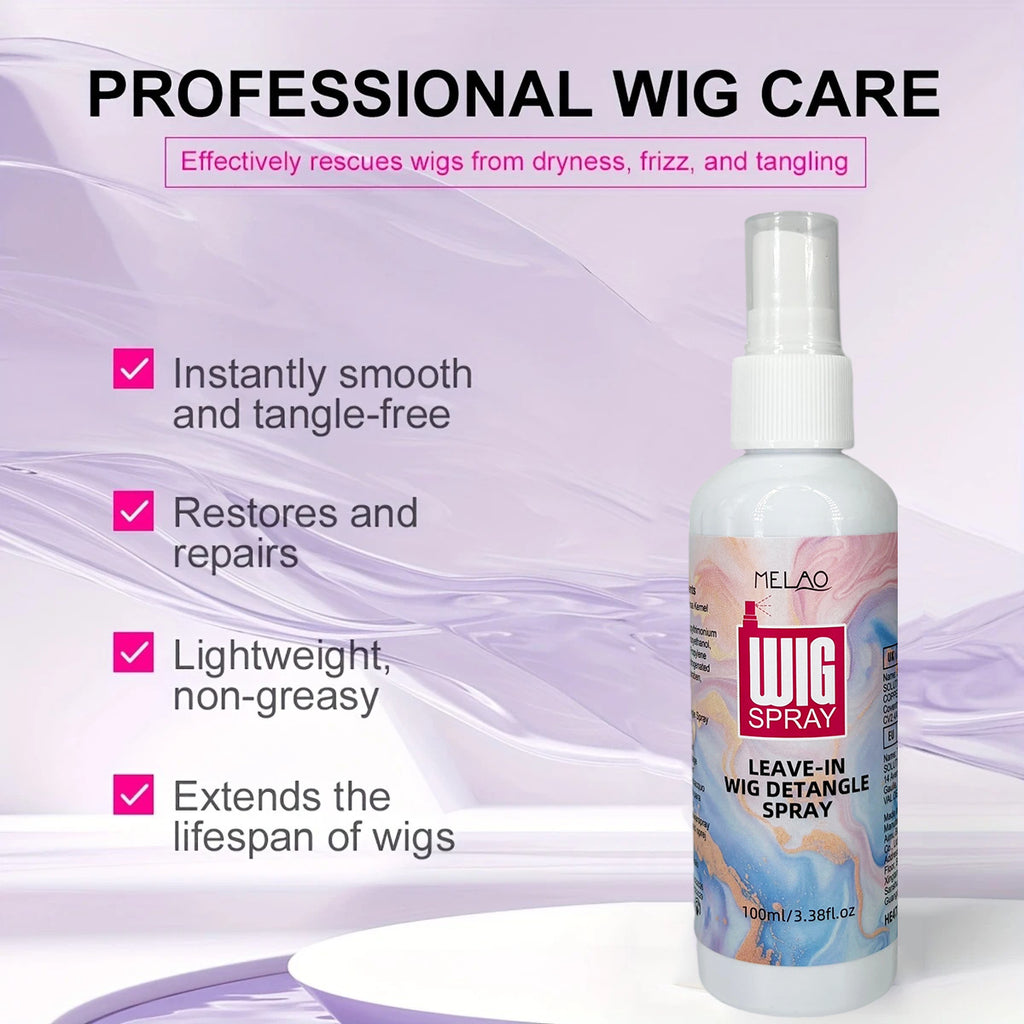 Wig Spray & Leave-In Detangler, MELAO Wig Leave-In Detangle Spray for Synthetic & Human Hair Wigs, Anti Frizz, Tames Knots & Adds Shine, for Effortless Wig Styling & Care, Salon Quality Formula, 100ml/3.38fl.oz