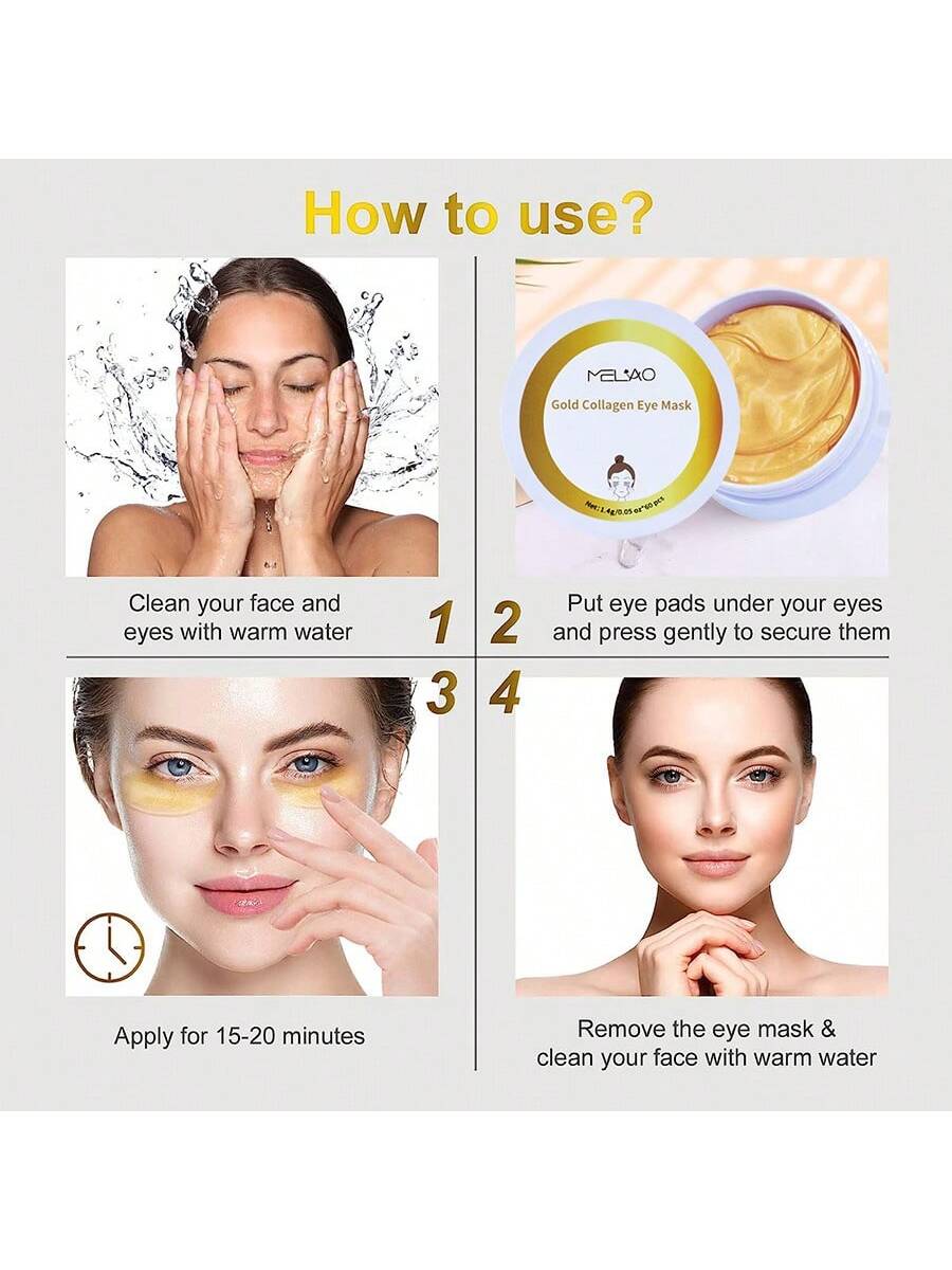 MELIAO Gold Collagen Under Eye Mask Patches - 60 Pairs Anti-Aging Eye Mask for Wrinkles, Dark Circles & Puffy Eyes, Hydrating & Firming Collagen Eye Patches with Gold, Skin Care Gifts for Women - 1.4g Each