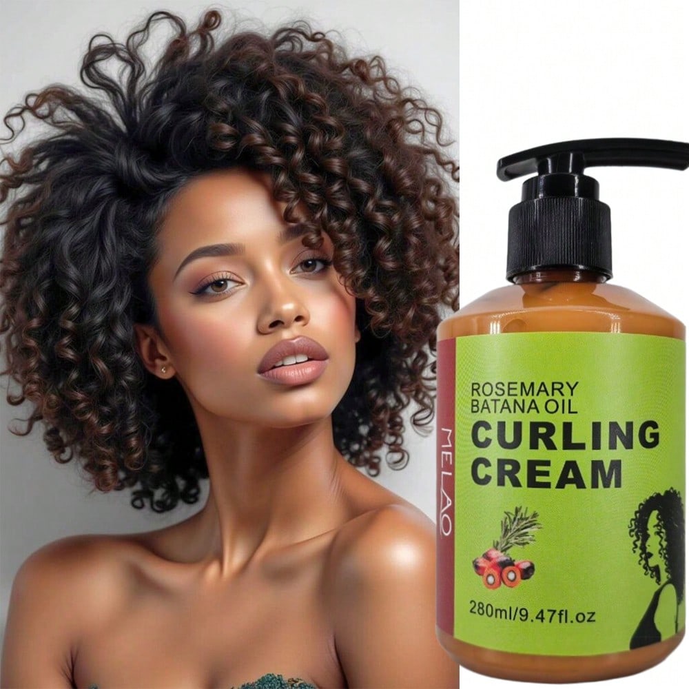 MELAO Rosemary &amp; Batana Oil Curling Cream 280ml - Natural Defining &amp; Frizz Control Cream for Curly Hair, Adds Shine, Hydration &amp; Softness, with Pump for Easy Use