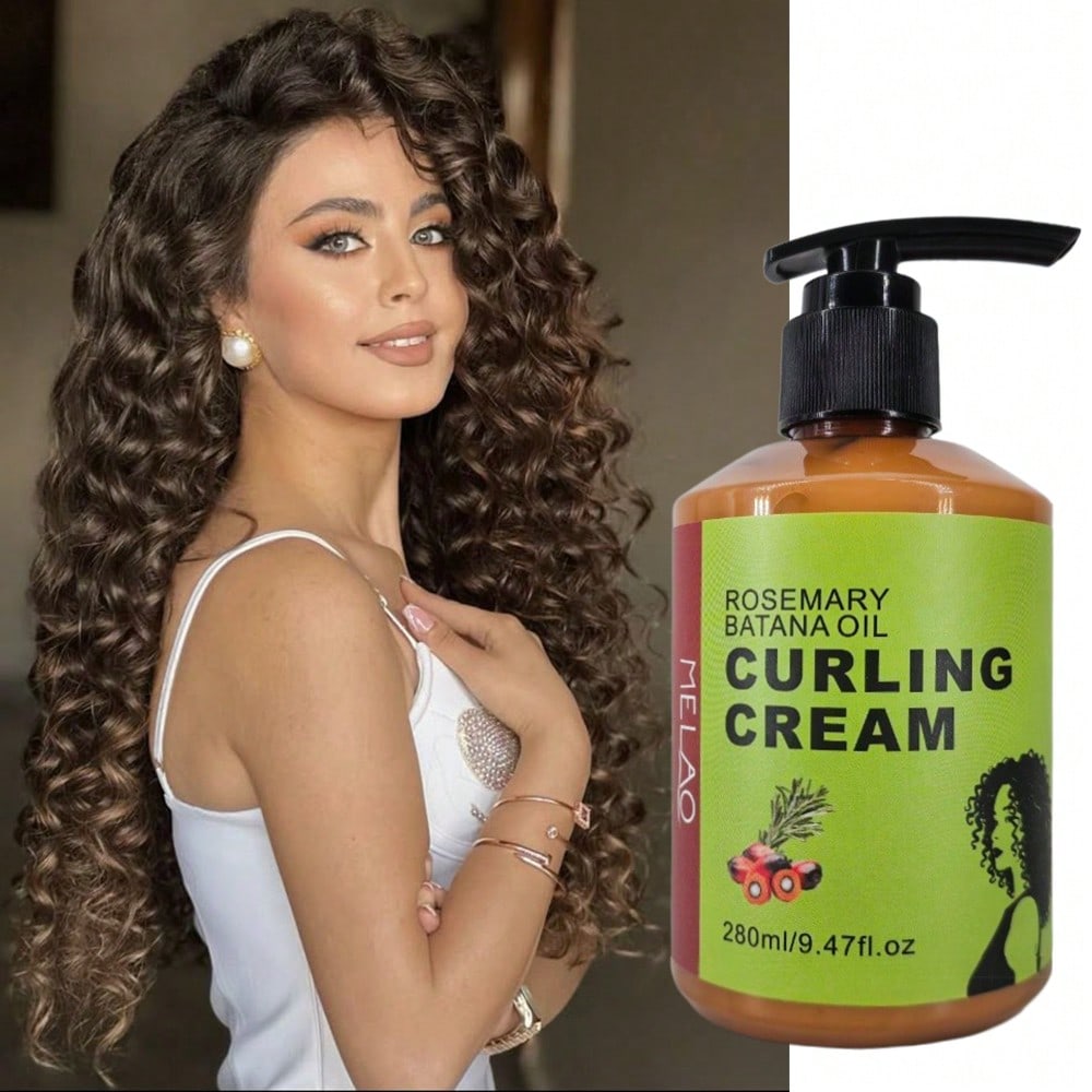 MELAO Rosemary &amp; Batana Oil Curling Cream 280ml - Natural Defining &amp; Frizz Control Cream for Curly Hair, Adds Shine, Hydration &amp; Softness, with Pump for Easy Use