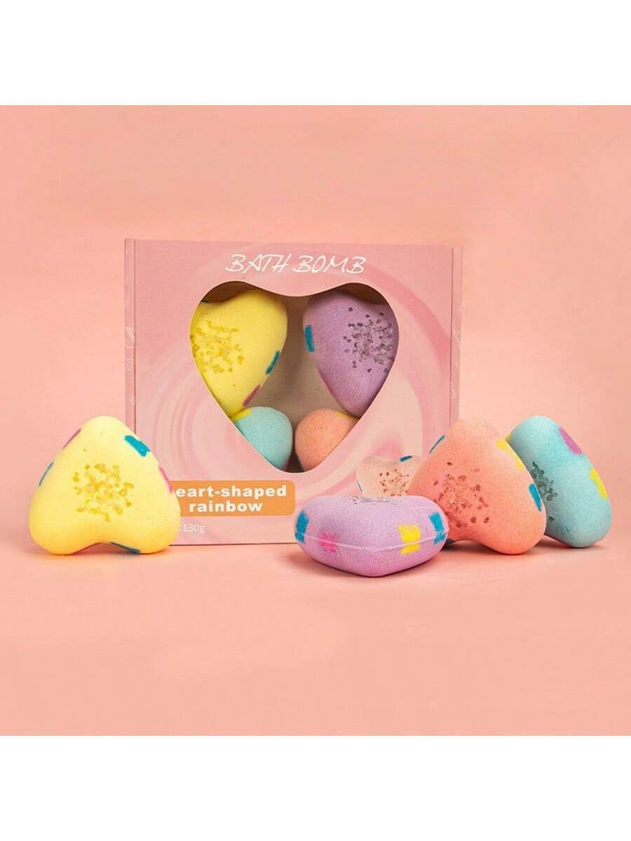 MELAO 4PC Heart Shaped Bath Bombs Gift Set for Women, Rainbow Colors with Essential Oils, Perfect Valentines Day Gift for Her, Relaxing & Fizzing, 130g Each