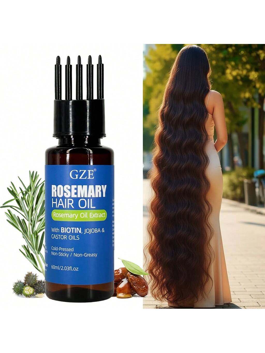 GZE Rosemary Hair Oil with Biotin, Jojoba & Castor Oils for Volumizing, Strengthening & Hydrating - Non-Greasy Formula