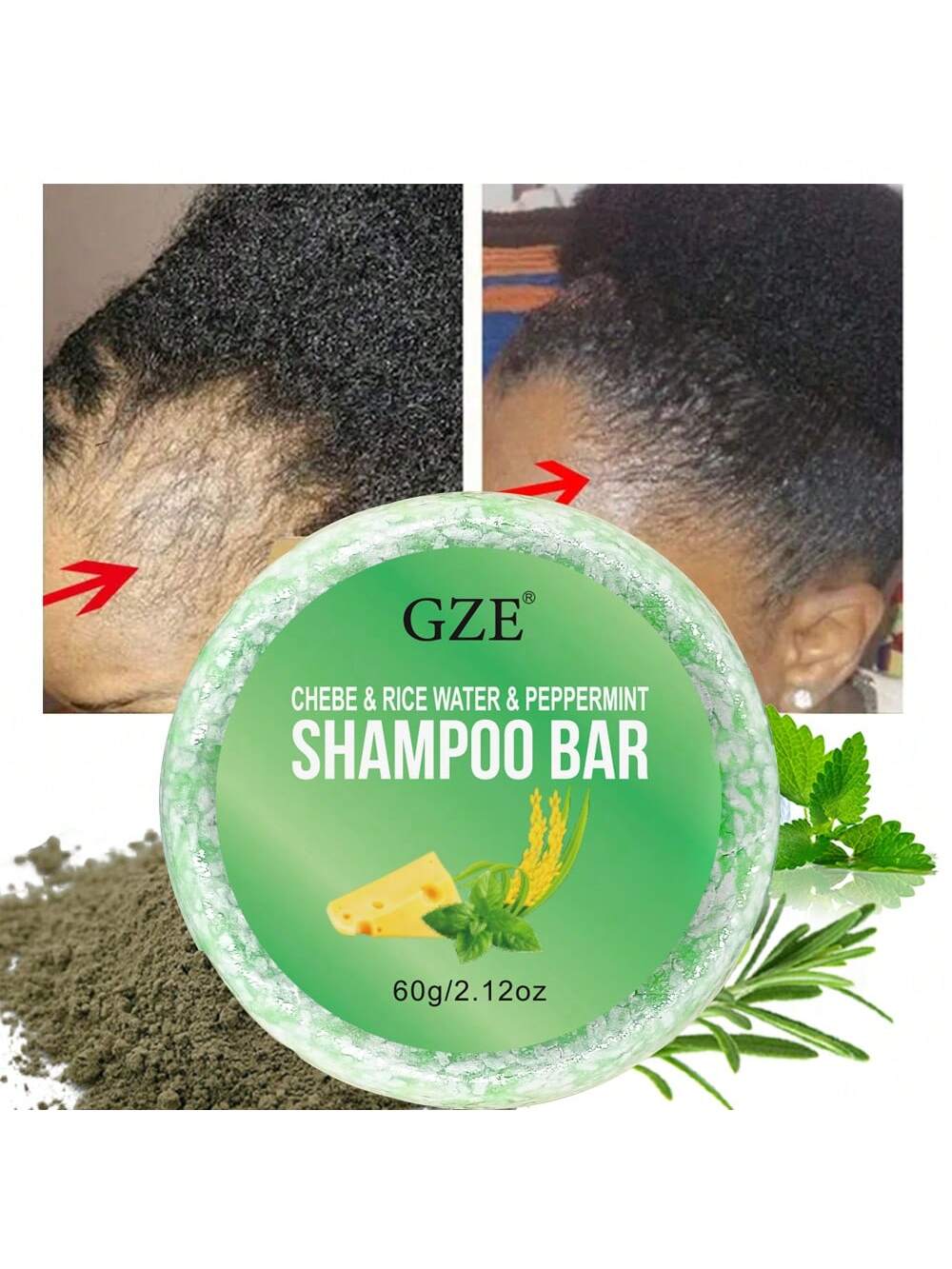 GZE Chebe & Rice Water Shampoo Bar for Damaged Hair - Repairing & Strengthening Solid Shampoo with Peppermint, Frizz Control for Curly Hair, Hydrating Scalp Care - Sulfate-Free, Travel Shampoo Bar, 60g / 2.12oz
