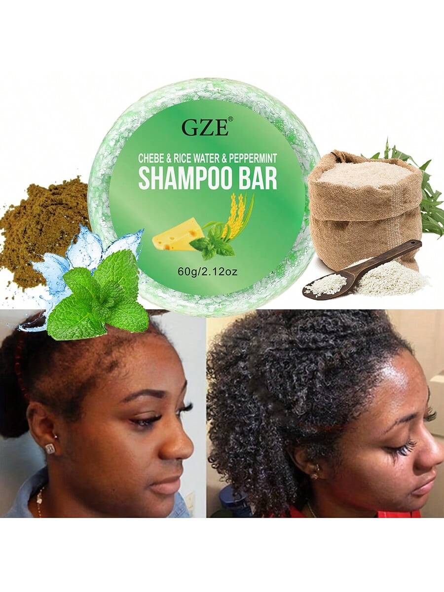 GZE Chebe & Rice Water Shampoo Bar for Damaged Hair - Repairing & Strengthening Solid Shampoo with Peppermint, Frizz Control for Curly Hair, Hydrating Scalp Care - Sulfate-Free, Travel Shampoo Bar, 60g / 2.12oz