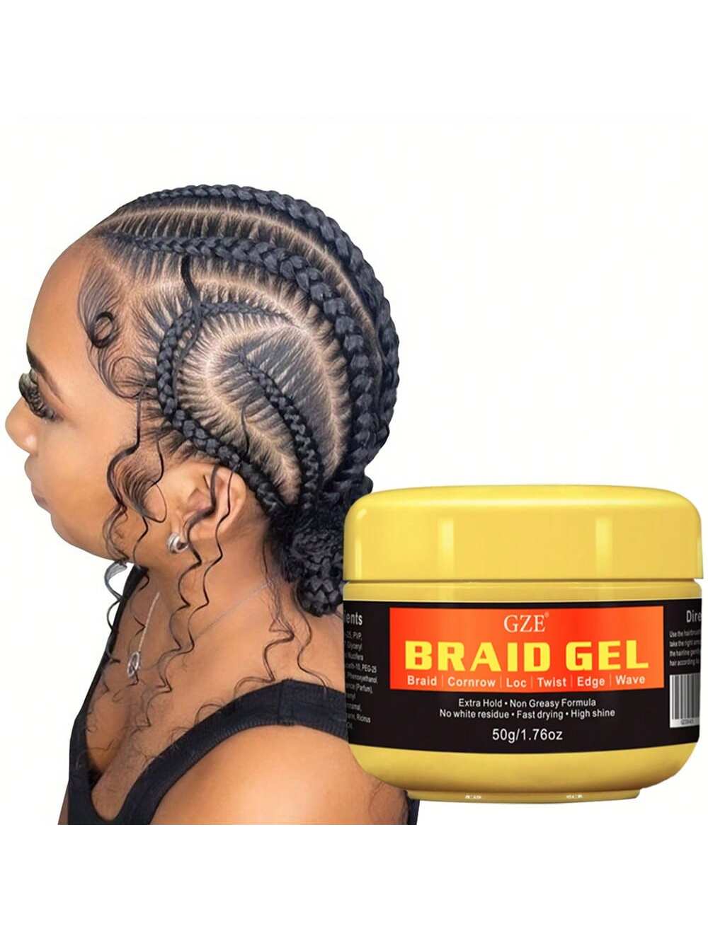 GZE Extra Strong Hold Braid Gel for Braids, Cornrows, Dreadlocks, Twists, Edges, Waves - Non-Greasy, No White Residue, Fast Drying & High Shine Styling Gel - 50g Travel Size Hair Jar