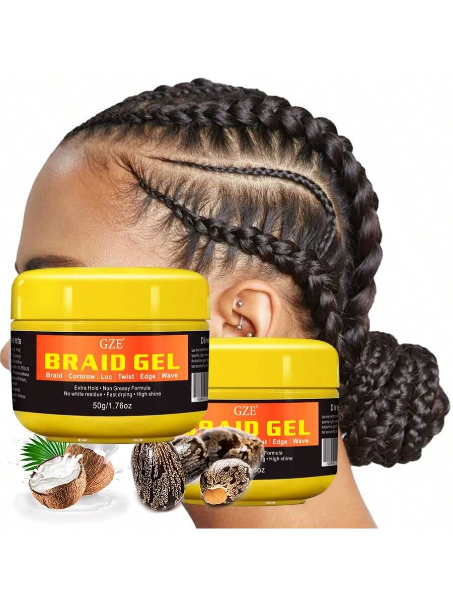 GZE Extra Strong Hold Braid Gel for Braids, Cornrows, Dreadlocks, Twists, Edges, Waves - Non-Greasy, No White Residue, Fast Drying & High Shine Styling Gel - 50g Travel Size Hair Jar