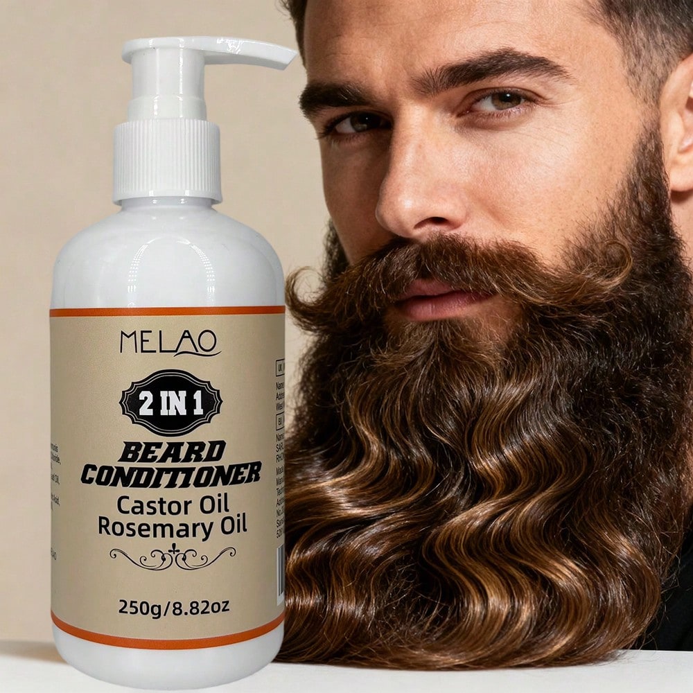 Beard Conditioner, MELAO 2 in 1 Beard Conditioner with Castor Oil & Rosemary Oil, Softens Beard & Conditions Skin, Tames Frizz & Flyaways, Non Greasy, for Dry Itchy Beard, Beard Care & Grooming, 250g/8.82oz