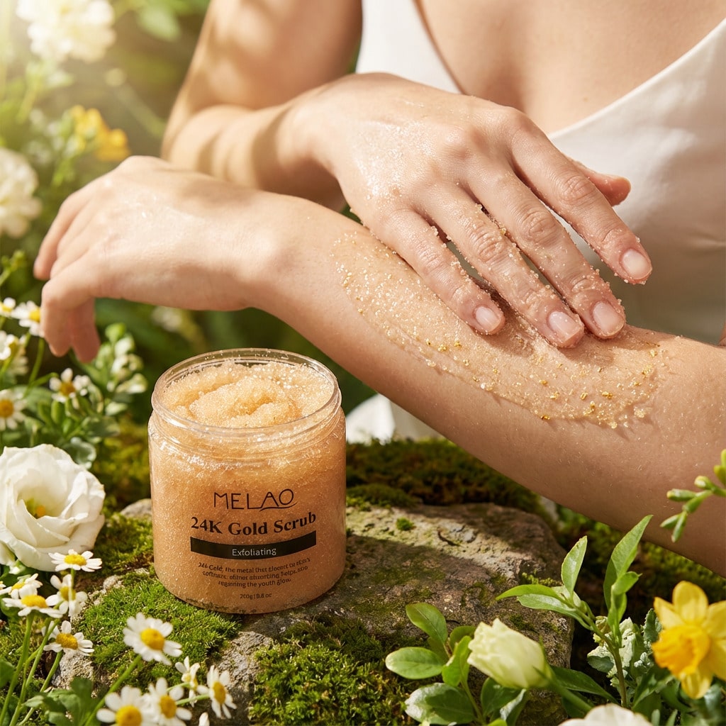 MELAO 24K Gold Scrub - Exfoliating Body Scrub with Real Gold, Coconut Oil and Vitamins - Anti-Aging, Deep Cleansing, Moisturizing and Brightening Formula for Smooth and Radiant Skin