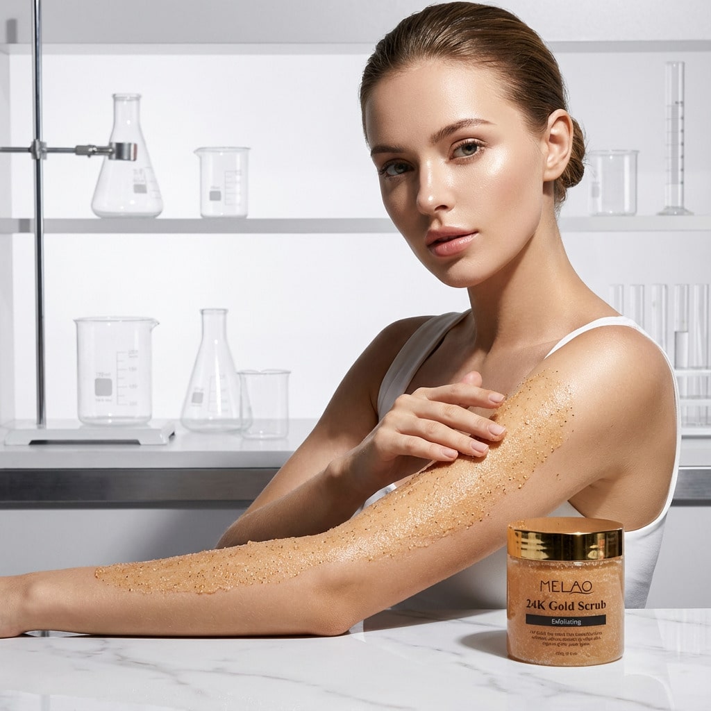 MELAO 24K Gold Scrub - Exfoliating Body Scrub with Real Gold, Coconut Oil and Vitamins - Anti-Aging, Deep Cleansing, Moisturizing and Brightening Formula for Smooth and Radiant Skin