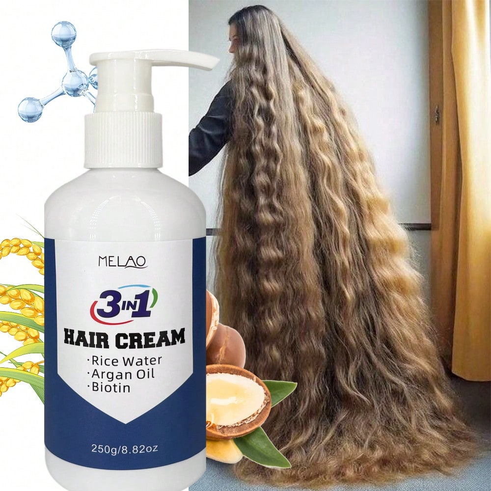 3 IN 1 Hair Cream, MELAO Rice Water & Argan Oil Hair Cream with Biotin, for Dry & Damaged Hair, Intense Hydrating & Nourishing, Smooths & Softens Hair, Adds Shine & Manageability, Long & Healthy Hair, 250g/8.82oz