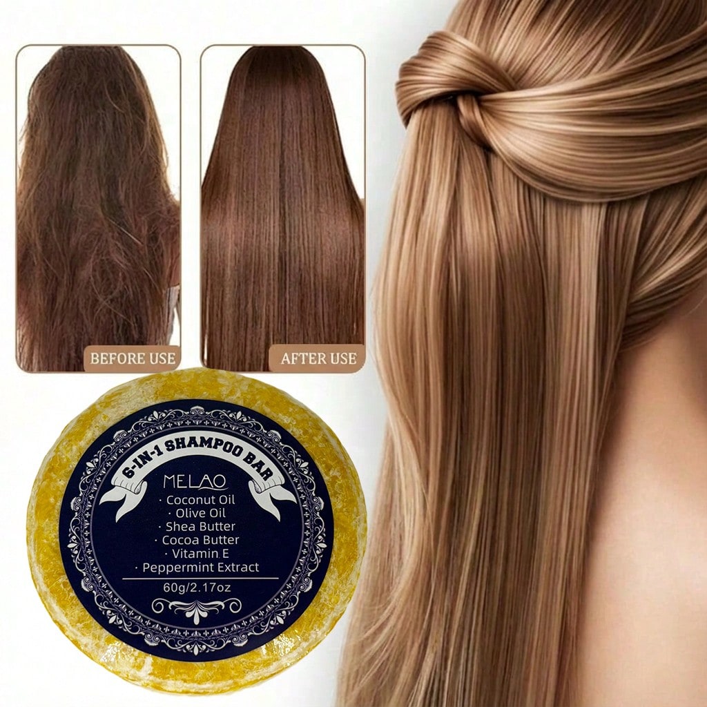 6 IN 1 Shampoo Bar, MELAO Natural Shampoo Bar with Coconut Oil, Olive Oil, Shea Butter, Cocoa Butter, Vitamin E & Peppermint, for All Hair Types, Gentle Cleansing, Nourishes & Smooths Dry Frizzy Hair, Leaves Hair Soft & Shiny, 60g/2.12oz