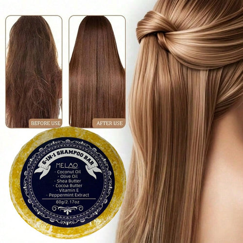 6 IN 1 Shampoo Bar, MELAO Natural Shampoo Bar with Coconut Oil, Olive Oil, Shea Butter, Cocoa Butter, Vitamin E & Peppermint, for All Hair Types, Gentle Cleansing, Nourishes & Smooths Dry Frizzy Hair, Leaves Hair Soft & Shiny, 60g/2.12oz