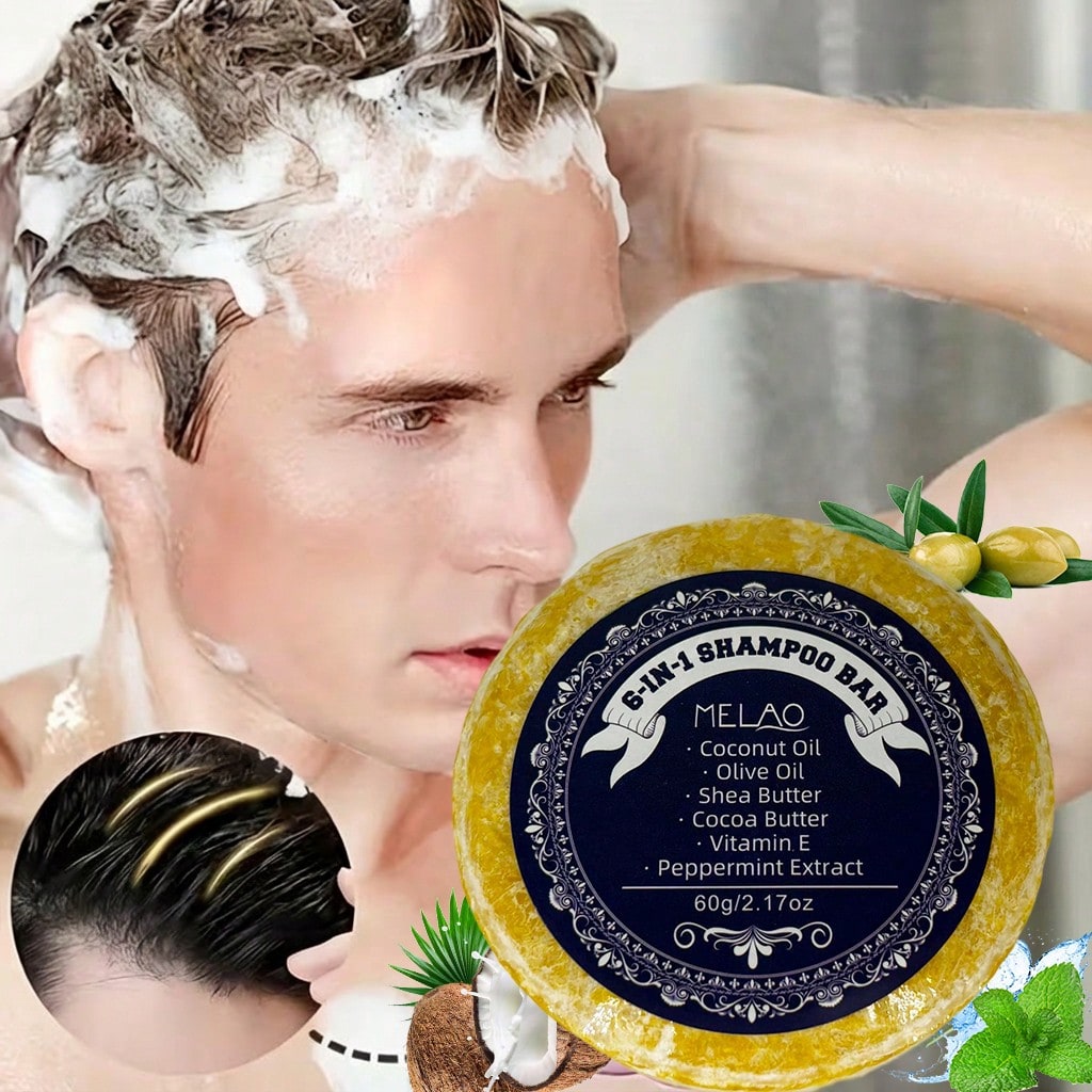 6 IN 1 Shampoo Bar, MELAO Natural Shampoo Bar with Coconut Oil, Olive Oil, Shea Butter, Cocoa Butter, Vitamin E & Peppermint, for All Hair Types, Gentle Cleansing, Nourishes & Smooths Dry Frizzy Hair, Leaves Hair Soft & Shiny, 60g/2.12oz