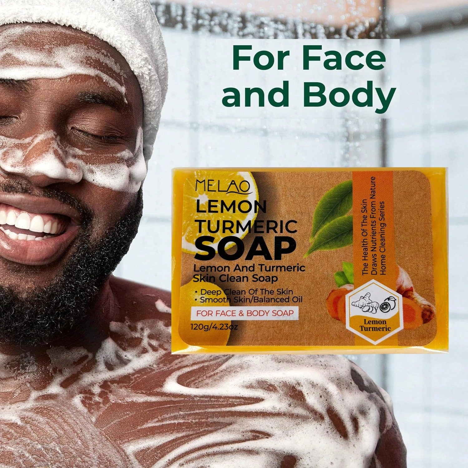 Lemon Turmeric Soap, MELAO Natural Face & Body Soap with Lemon and Turmeric, for Deep Clean & Balanced Oil, Gentle Cleansing Bar, Smooth Skin, Home Cleaning Series, 120g/4.23oz