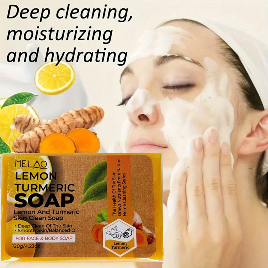 Lemon Turmeric Soap, MELAO Natural Face & Body Soap with Lemon and Turmeric, for Deep Clean & Balanced Oil, Gentle Cleansing Bar, Smooth Skin, Home Cleaning Series, 120g/4.23oz