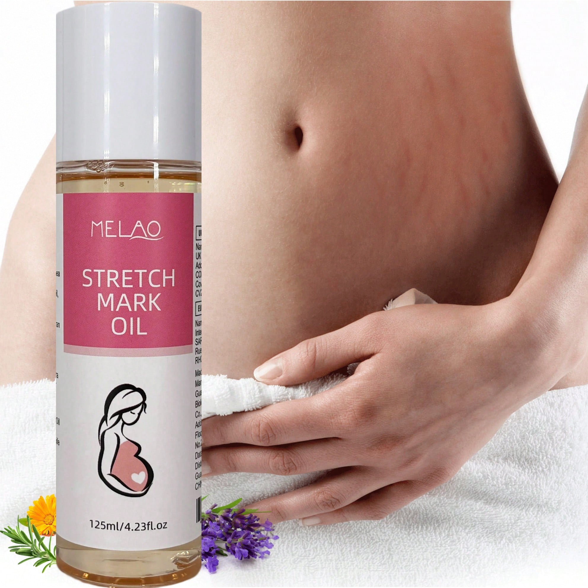 MELAO Firming Body Oil for Stretch Marks, Stretch Mark Oil & Belly Oil, During & After Pregnancy, with Natural Oils, Fades Stretch Marks, Tightens Skin, 125ml