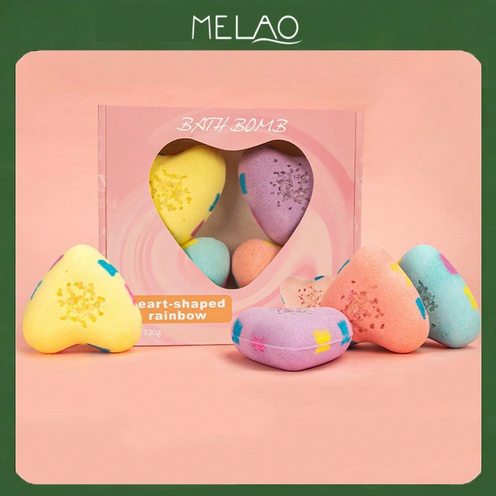 MELAO 4PC Heart Shaped Bath Bombs Gift Set for Women, Rainbow Colors with Essential Oils, Perfect Valentines Day Gift for Her, Relaxing & Fizzing, 130g Each
