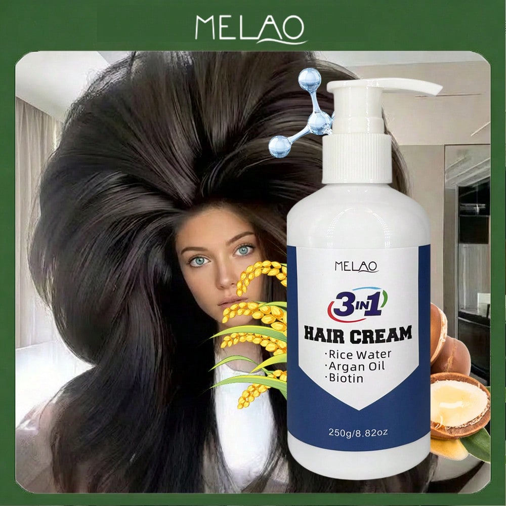 3 IN 1 Hair Cream, MELAO Rice Water & Argan Oil Hair Cream with Biotin, for Dry & Damaged Hair, Intense Hydrating & Nourishing, Smooths & Softens Hair, Adds Shine & Manageability, Long & Healthy Hair, 250g/8.82oz