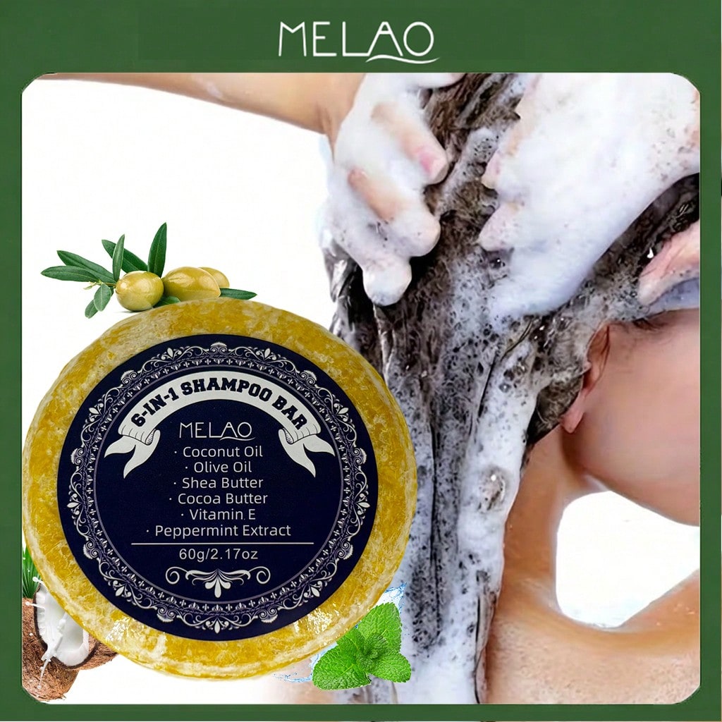 6 IN 1 Shampoo Bar, MELAO Natural Shampoo Bar with Coconut Oil, Olive Oil, Shea Butter, Cocoa Butter, Vitamin E & Peppermint, for All Hair Types, Gentle Cleansing, Nourishes & Smooths Dry Frizzy Hair, Leaves Hair Soft & Shiny, 60g/2.12oz