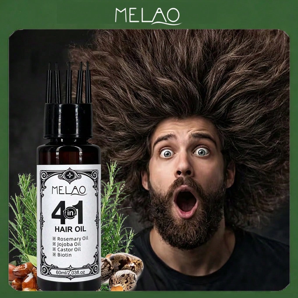4 in 1 Hair Oil, MELAO Rosemary Jojoba Castor Oil & Biotin Hair Oil, for Dry Damaged Frizzy Hair, Nourishes & Smoothes Hair, Adds Extreme Shine & Softness, Lightweight Non-Greasy Formula, Repairs & Strengthens Hair, 60ml/2.03fl.oz
