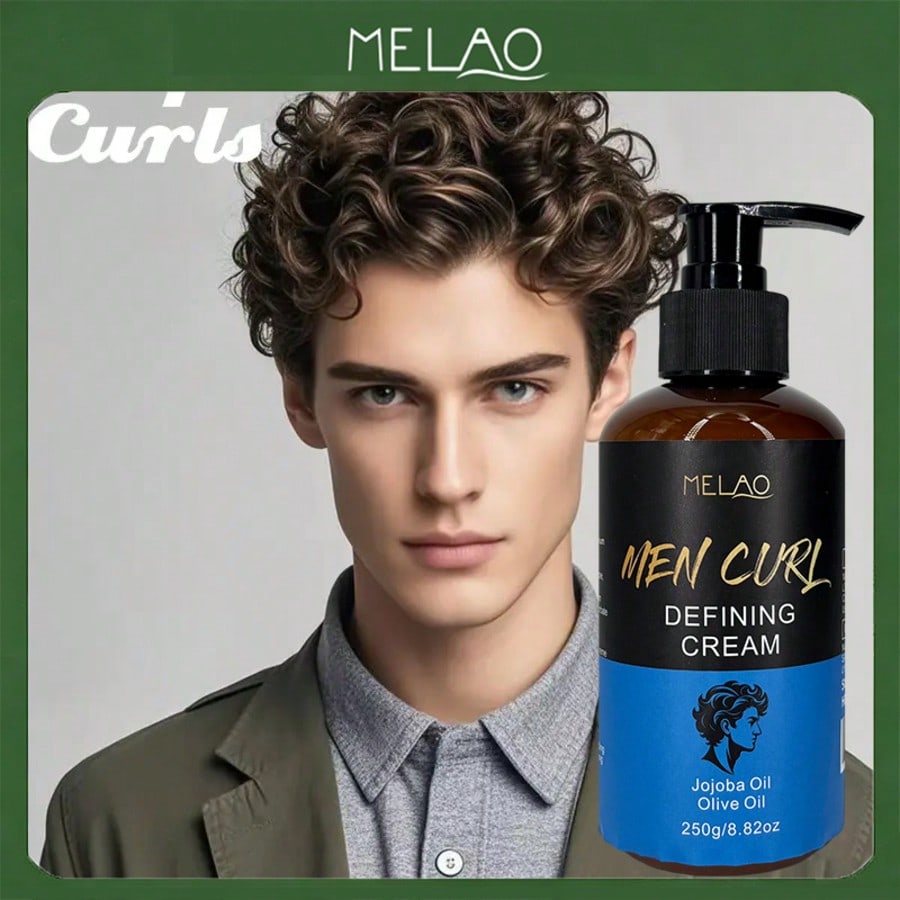 Men Curl Defining Cream, MELAO Men Curl Cream with Jojoba Oil & Olive Oil, Strong Hold Styling Cream for Natural Curls & Waves, Defines & Separates Curls, Tames Frizz, Adds Texture & Shine, Non-Greasy, Lightweight Formula