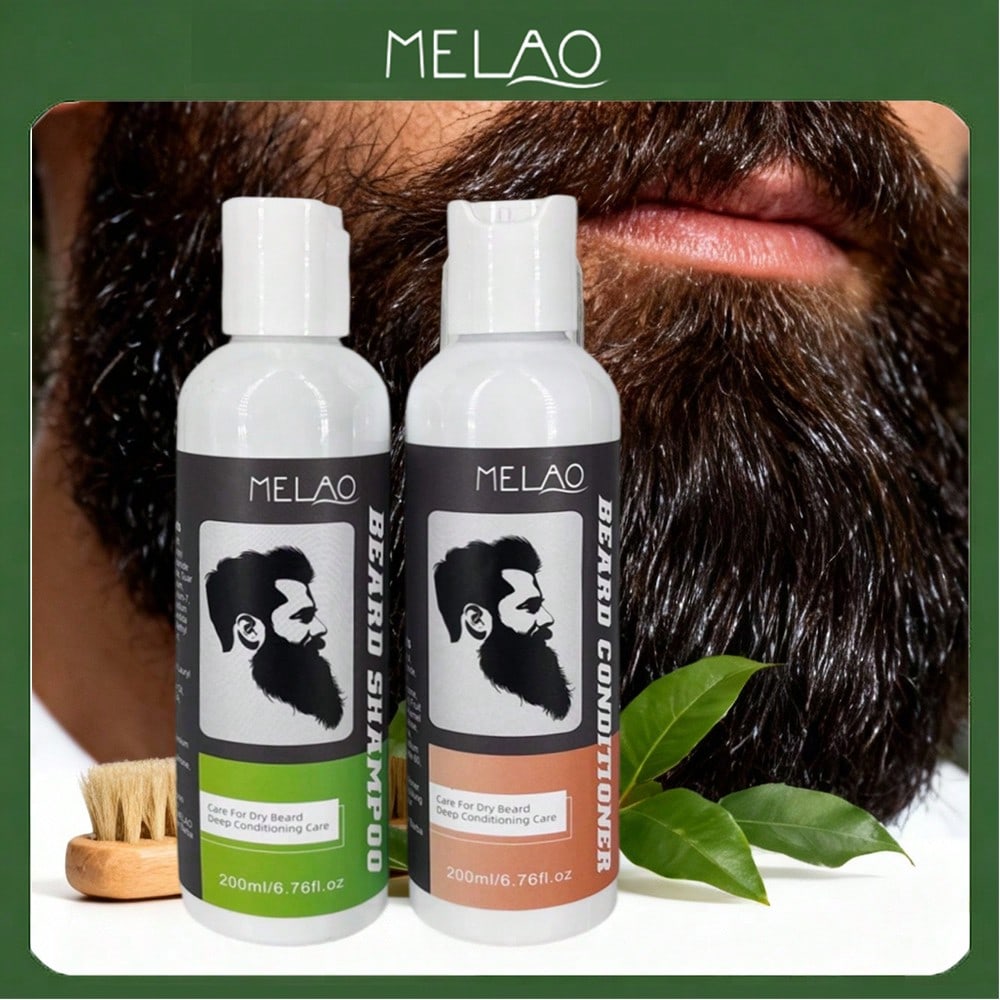 Beard Shampoo & Conditioner Set, MELAO Beard Shampoo and Beard Conditioner for Dry Beard, Deep Conditioning Care, Softens Beard & Conditions Skin, Tames Frizz, Moisturizes & Nourishes, 2 in 1 Beard Care Kit, 200ml x 2