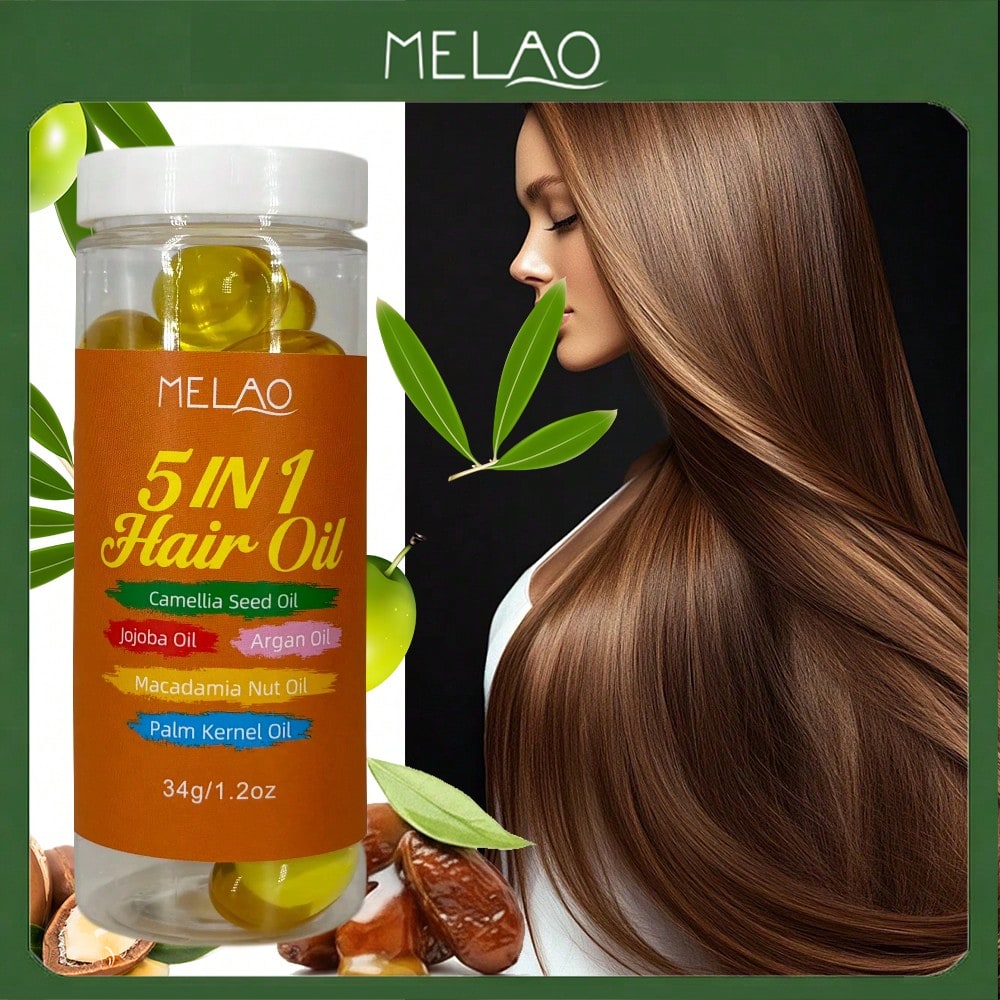 5 IN 1 Hair Oil, MELAO Hair Oil with Camellia Seed Oil, Jojoba Oil, Argan Oil & Palm Kernel Oil, Multi-Nourishing Oil for All Hair Types, Adds Shine, Softness & Smoothness, Tames Frizz, Repairs Dry & Damaged Hair