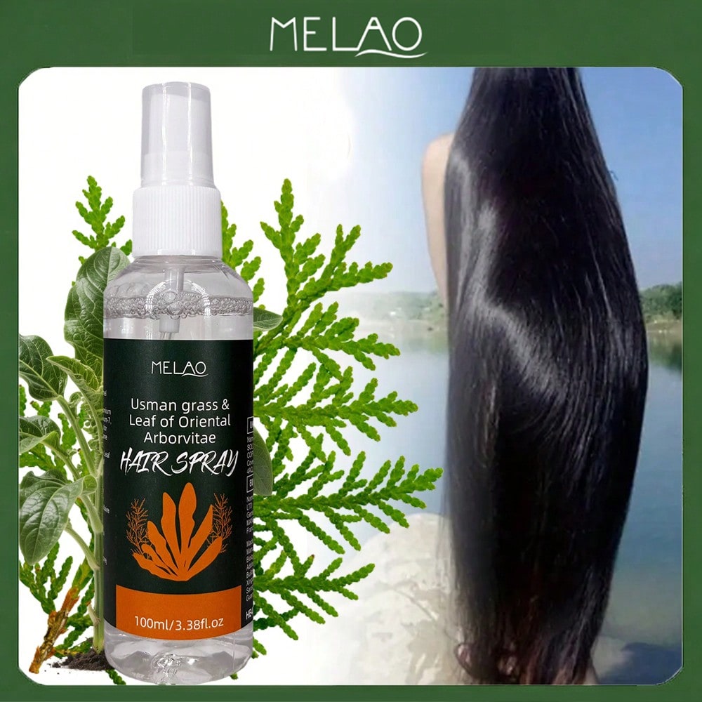 Natural Hair Spray, MELAO Usman Grass & Oriental Arborvitae Leaf Hair Spray, with Plant Extracts, Softens & Nourishes Hair, Adds Shine & Smoothness, for All Hair Types, 100ml/3.38fl.oz