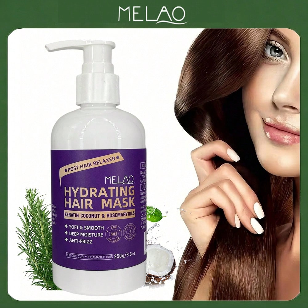 Hydrating Hair Mask, MELAO Keratin Coconut & Rosemary Oil Hair Mask, for Dry Curly & Damaged Hair, Post Hair Relaxer Care, Soft & Smooth, Deep Moisture Anti Frizz Treatment, Repairs & Strengthens Hair, 250g/8.8oz