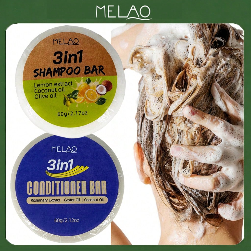 2 in 1 Shampoo & Conditioner Bar Set, MELAO 3in1 Solid Shampoo Bar with Lemon, Coconut, Olive Oil & 3in1 Solid Conditioner Bar with Rosemary, Castor, Coconut Oil, for All Hair Types, Deep Cleans & Smooths, Adds Shine & Softness, 60g Each
