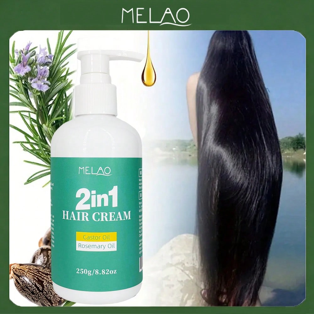 Castor Rosemary 2 in 1 Hair Cream, MELAO Deep Conditioning Hair Cream with Castor Oil & Rosemary Oil, for Dry & Damaged Hair, Repairs & Smooths, Tames Frizz, Adds Extreme Shine & Softness, 250g/8.82oz