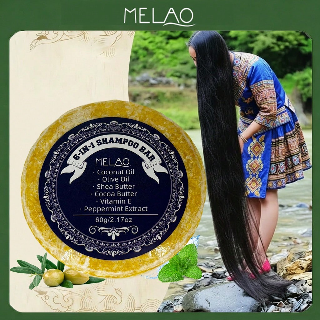 6 IN 1 Shampoo Bar, MELAO Natural Shampoo Bar with Coconut Oil, Olive Oil, Shea Butter, Cocoa Butter, Vitamin E & Peppermint, for All Hair Types, Gentle Cleansing, Nourishes & Smooths Dry Frizzy Hair, Leaves Hair Soft & Shiny, 60g/2.12oz