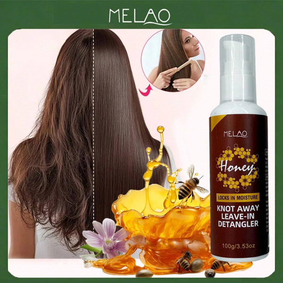 Honey Leave-In Detangler, MELAO Hair Detangler ith Honey, Locks in Moisture, Knot Away, Anti Frizz, Adds Shine & Softness, for Dry & Tangled Hair, Lightweight Formula, 100g/3.53oz