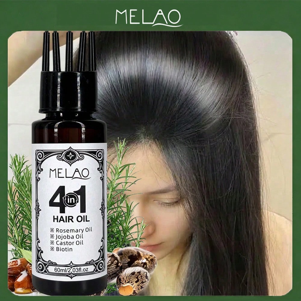 4 in 1 Hair Oil, MELAO Rosemary Jojoba Castor Oil & Biotin Hair Oil, for Dry Damaged Frizzy Hair, Nourishes & Smoothes Hair, Adds Extreme Shine & Softness, Lightweight Non-Greasy Formula, Repairs & Strengthens Hair, 60ml/2.03fl.oz