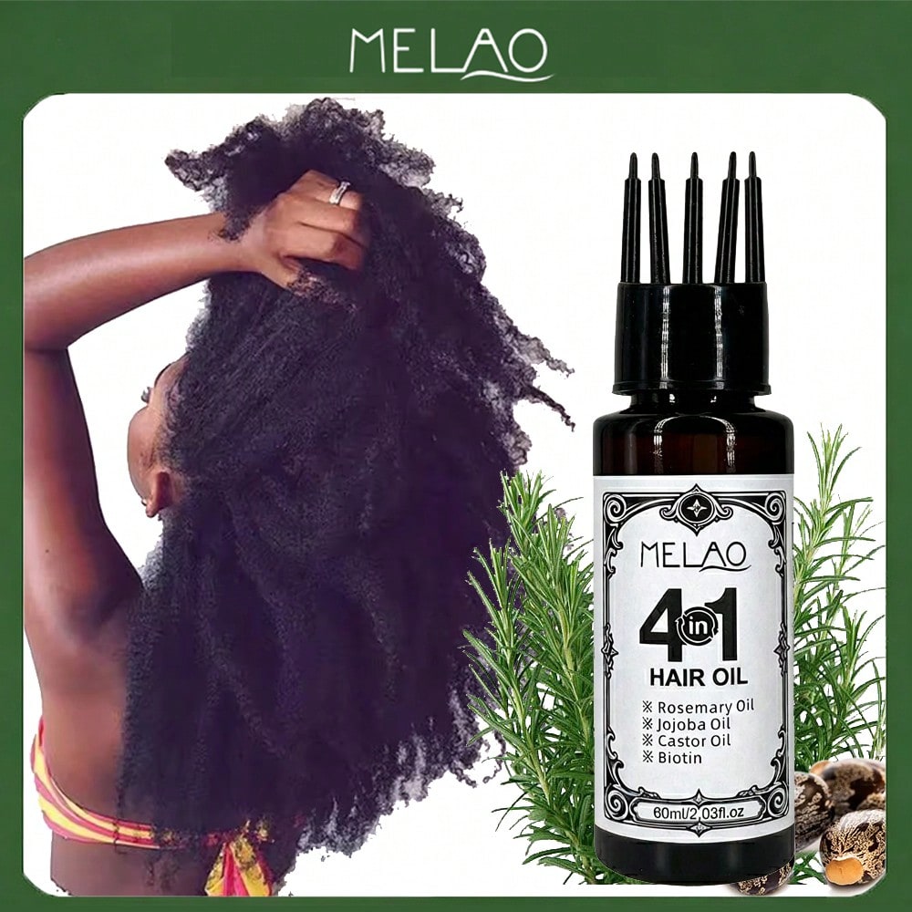 4 in 1 Hair Oil, MELAO Rosemary Jojoba Castor Oil & Biotin Hair Oil, for Dry Damaged Frizzy Hair, Nourishes & Smoothes Hair, Adds Extreme Shine & Softness, Lightweight Non-Greasy Formula, Repairs & Strengthens Hair, 60ml/2.03fl.oz