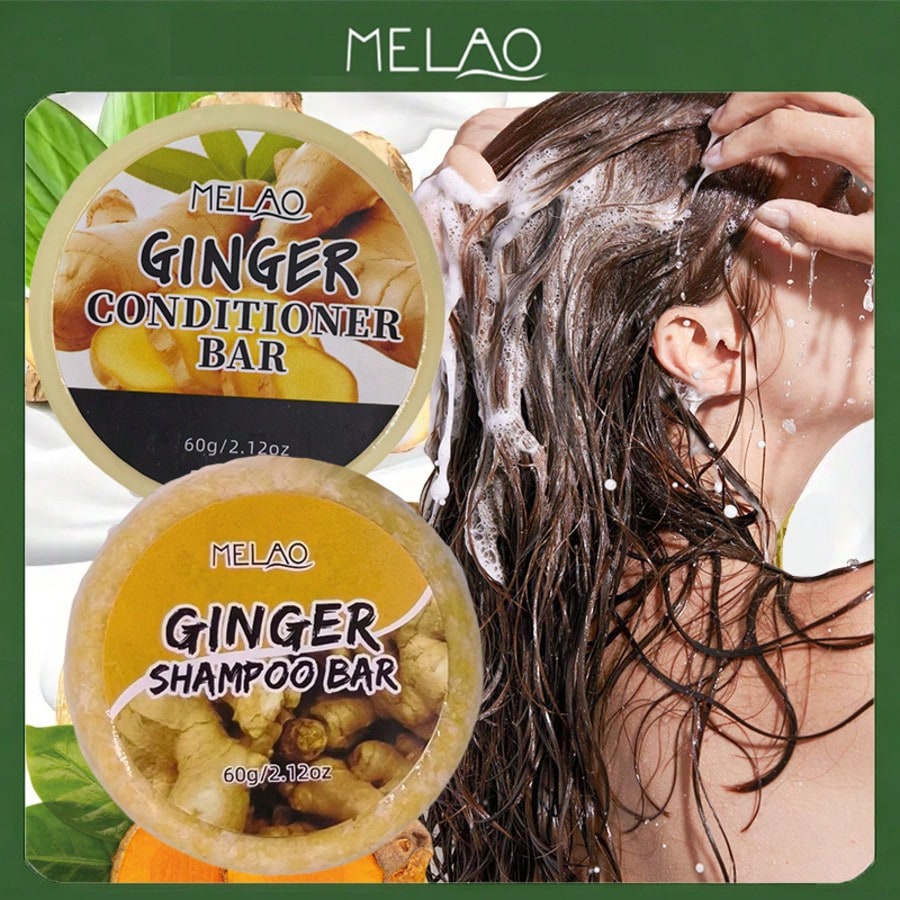 2 in 1 Ginger Shampoo & Conditioner Bar Set, MELAO Natural Ginger Shampoo Bar and Conditioner Bar, for Deep Cleanse & Nourish Scalp, Softens & Smooths Hair, 60g Each