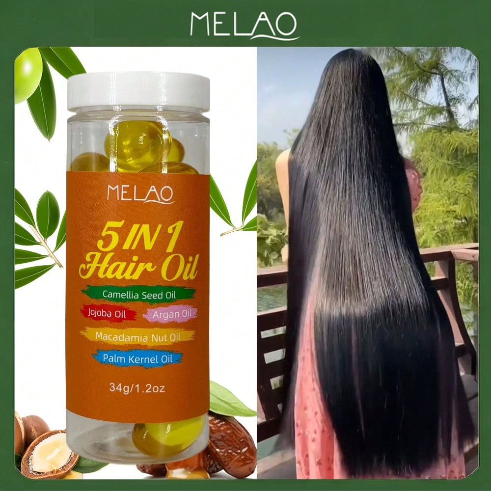 5 IN 1 Hair Oil, MELAO Hair Oil with Camellia Seed Oil, Jojoba Oil, Argan Oil & Palm Kernel Oil, Multi-Nourishing Oil for All Hair Types, Adds Shine, Softness & Smoothness, Tames Frizz, Repairs Dry & Damaged Hair