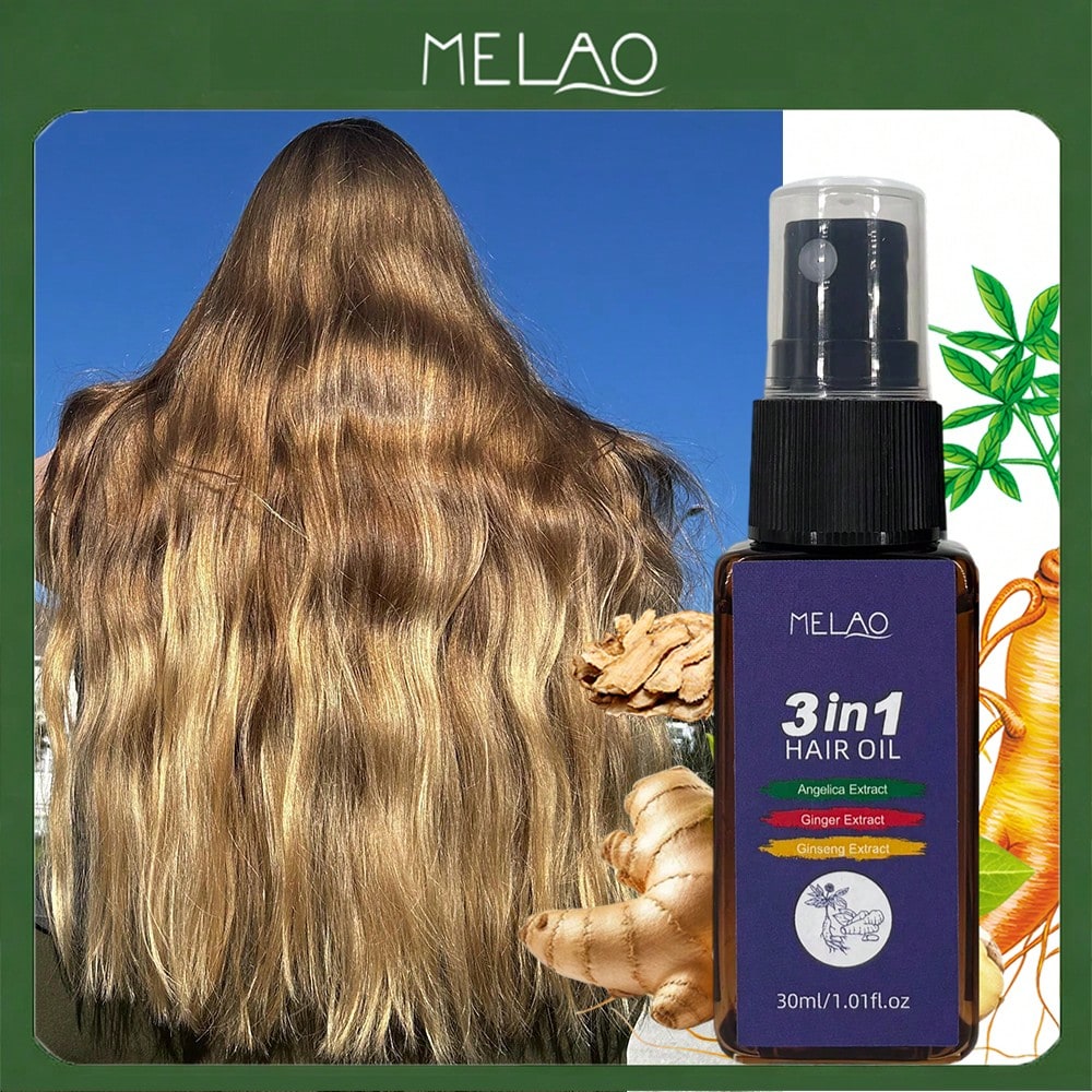 3 in 1 Hair Oil, MELAO Hair Oil with Angelica, Ginger & Ginseng Extracts, for Dry & Frizzy Hair, Nourishes & Smooths Hair, Adds Extreme Shine & Softness, 30ml/1.01fl.oz