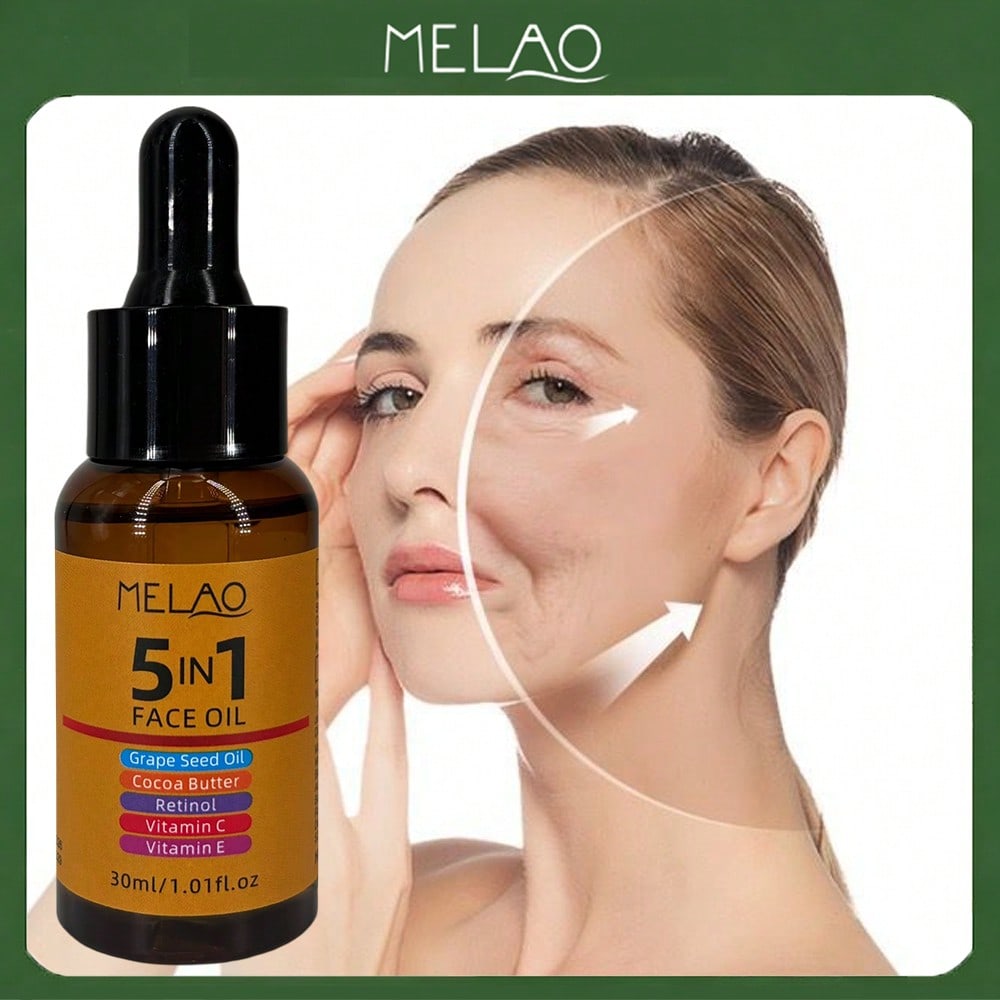 MELAO 5-in-1 Anti-Aging Face Oil with Grape Seed, Cocoa Butter & Retinol | Vitamin C + E Enriched | Wrinkle Reduction & Skin Hydration
