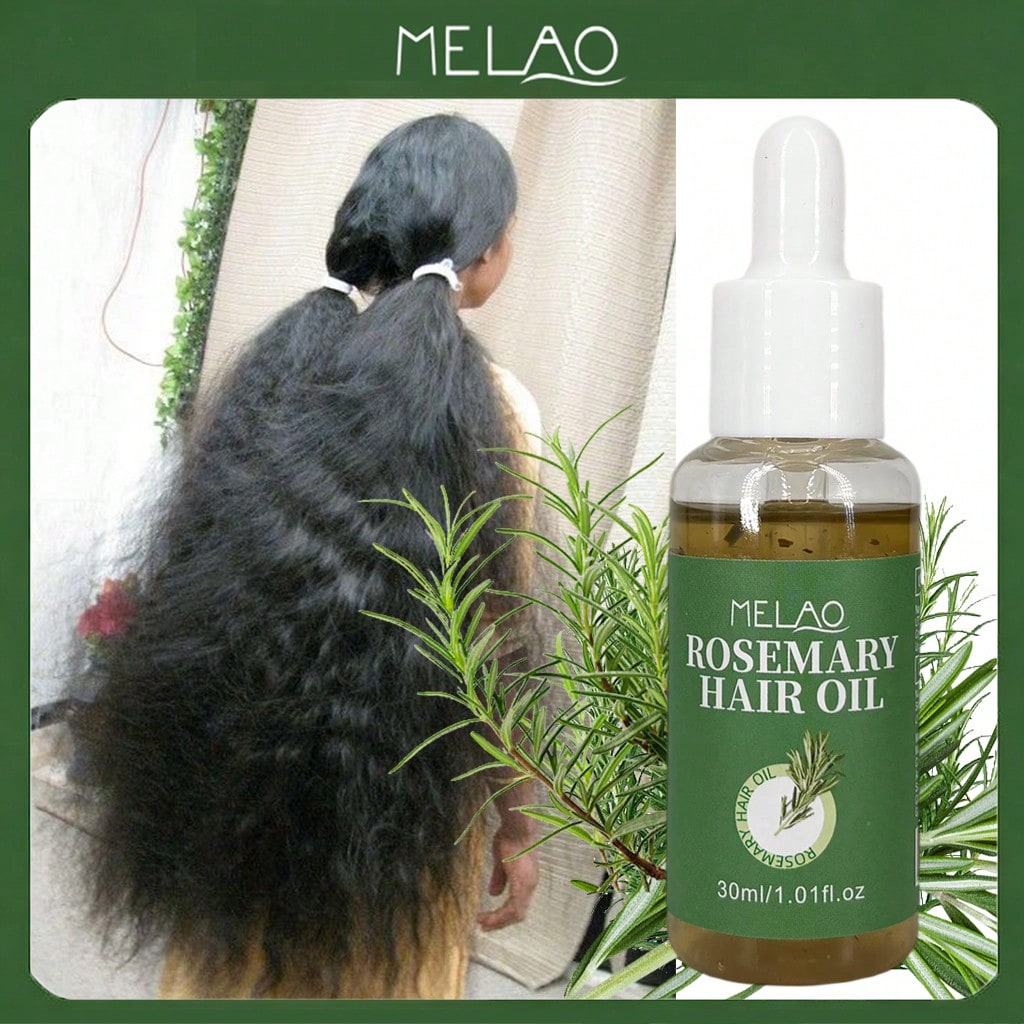 MELAO Rosemary Hair Oil with Real Rosemary Leaves, Hair Oil for Hair Care, Tames Frizz, Adds Shine & Softness, Repairs Dry & Damaged Hair, Nourishes Scalp, with Dropper, for All Hair Types, 30ml/1.01fl.oz