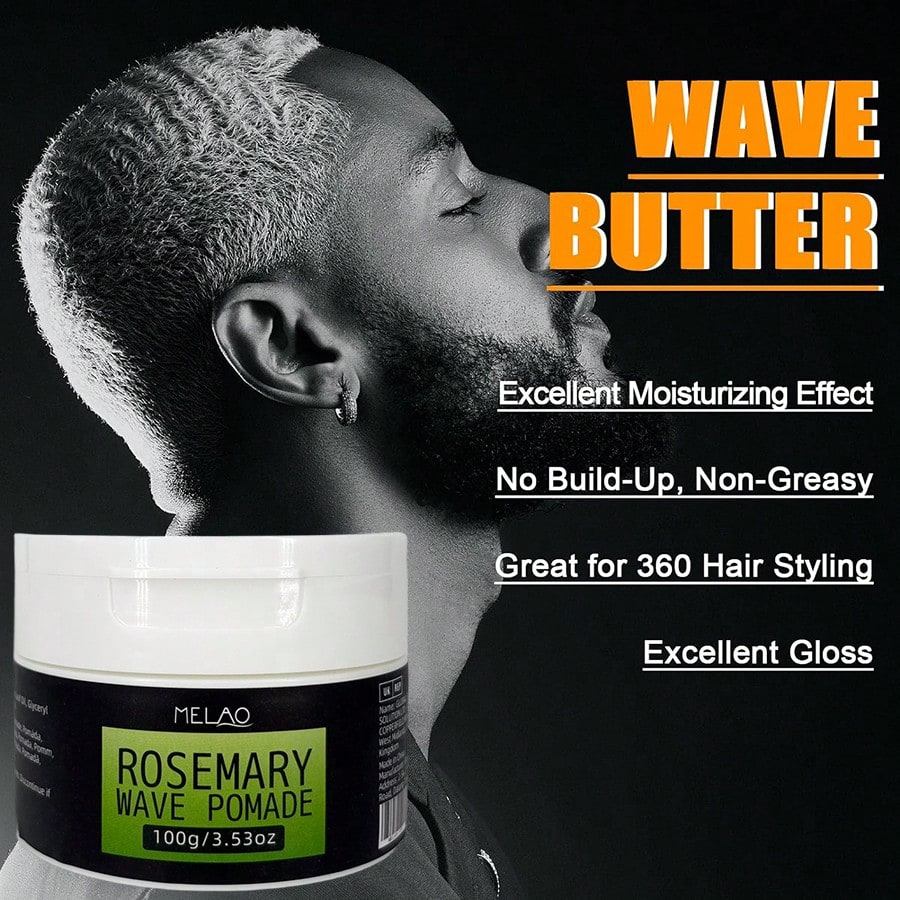 Rosemary Wave Pomade, MELAO Strong Hold Styling Pomade for Men, Creates Natural Waves & Texture, High Shine Finish, 100g/3.53oz