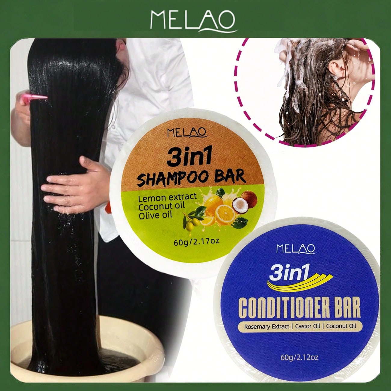 2 in 1 Shampoo & Conditioner Bar Set, MELAO 3in1 Solid Shampoo Bar with Lemon, Coconut, Olive Oil & 3in1 Solid Conditioner Bar with Rosemary, Castor, Coconut Oil, for All Hair Types, Deep Cleans & Smooths, Adds Shine & Softness, 60g Each